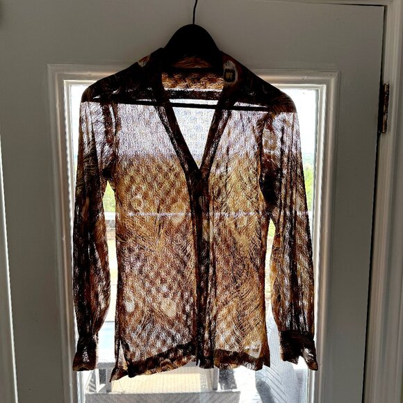 Vintage 70s Dart Collar Sheer Beige Peacock Feather Long Sleeve Blouse Size S - Picture 11 of 11